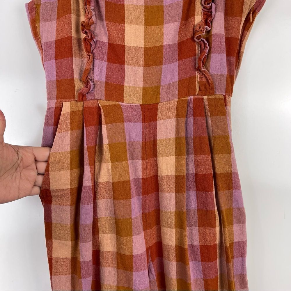 ModCloth Princess Highway Linen Prairie Jumpsuit S Orange Check Boho Ruffle - Picture 8 of 15
